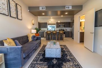 Tucson apartment for rent - A living room with a grey couch and a patterned rug.