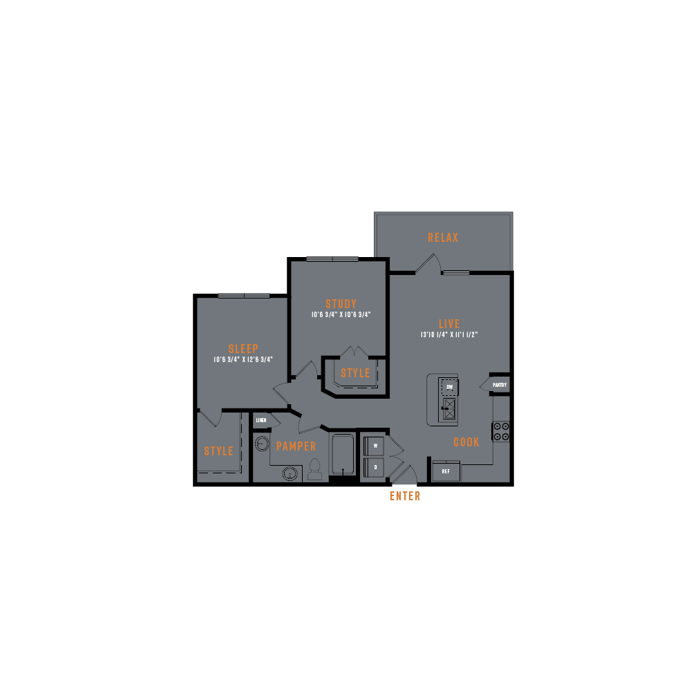 Floor plan for 1 bed, 1 bath, 880 sqft