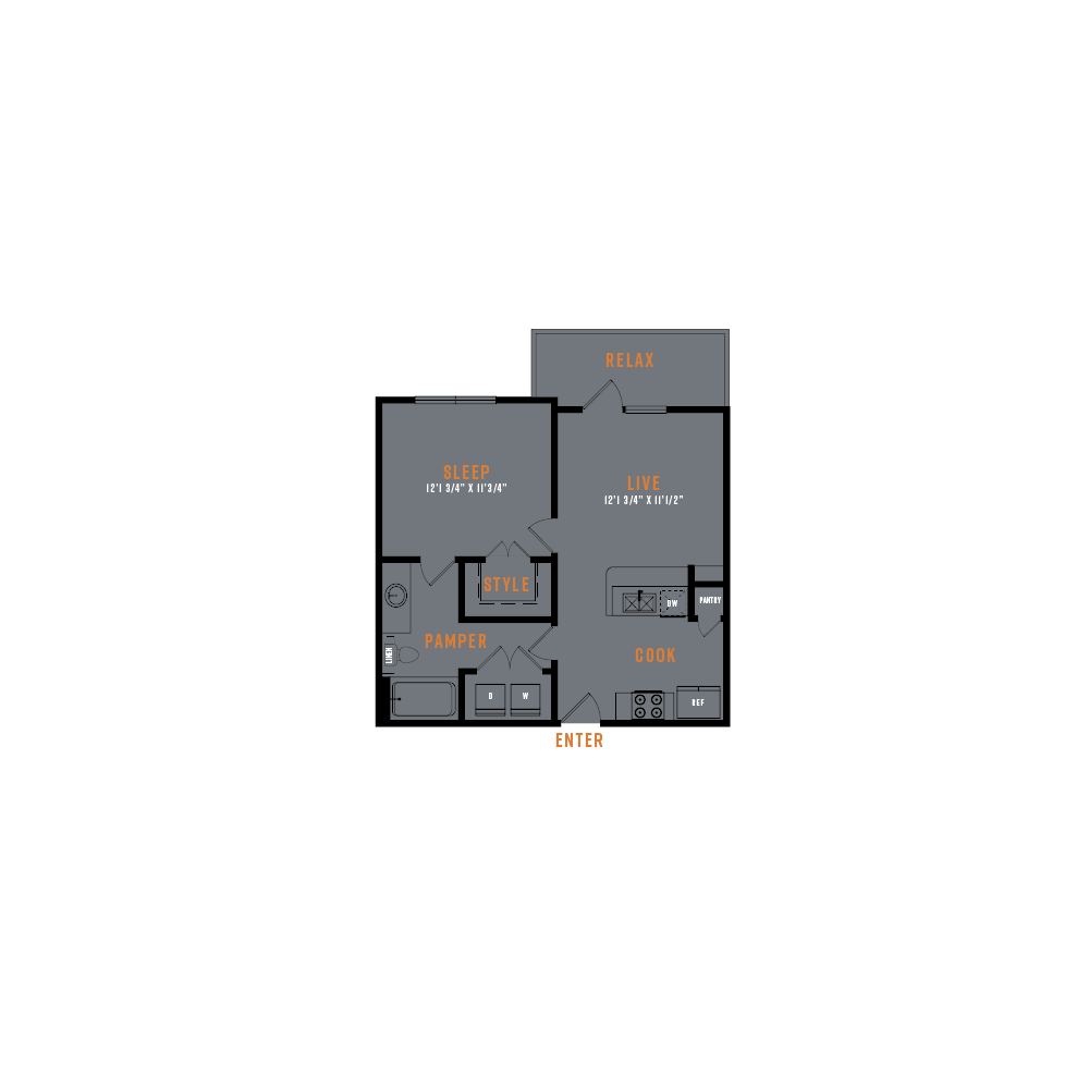 Floor plan for 1 bed, 1 bath, 590 sqft