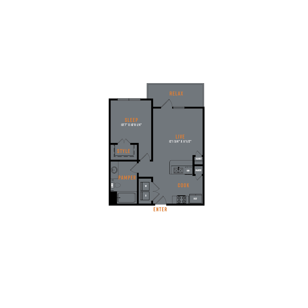 Floor plan for 1 bed, 1 bath, 637 sqft