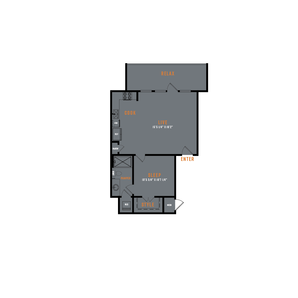 Floor plan for 1 bed, 1 bath, 655 sqft