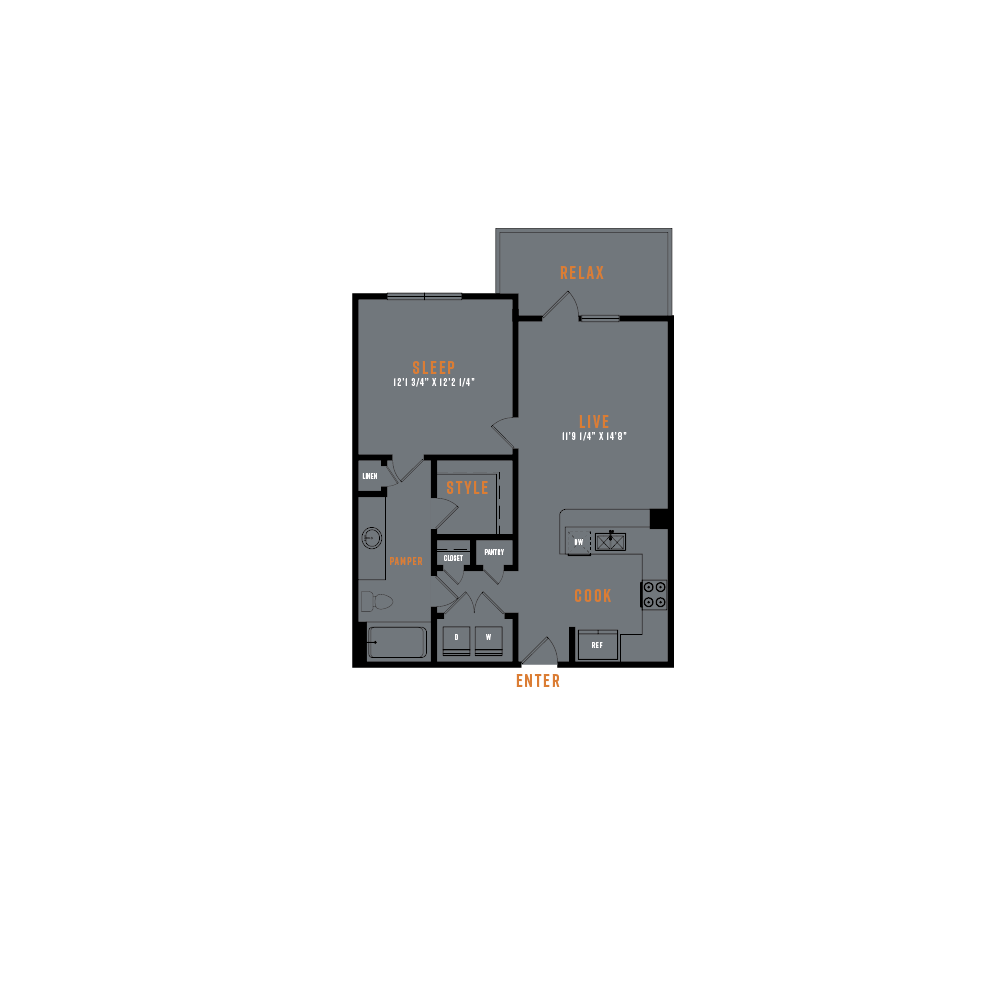 Floor plan for 1 bed, 1 bath, 708 sqft