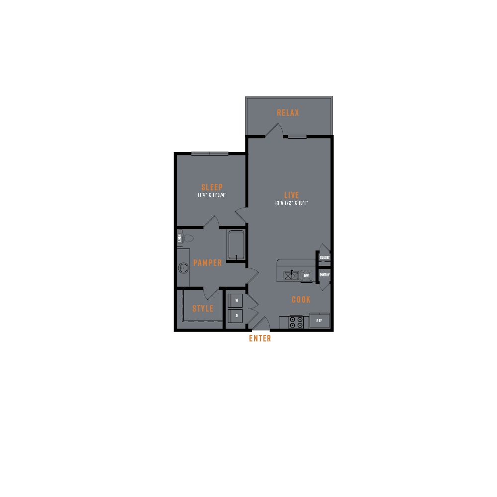 Floor plan for 1 bed, 1 bath, 770 sqft