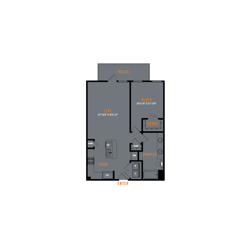 Floor plan for 1 bed, 1 bath, 815 sqft