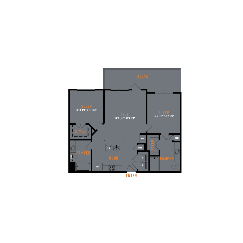 Floor plan for 2 beds, 2 baths, 980 sqft