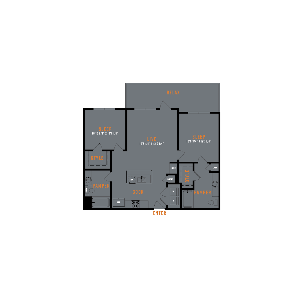 Floor plan for 2 beds, 2 baths, 980 sqft