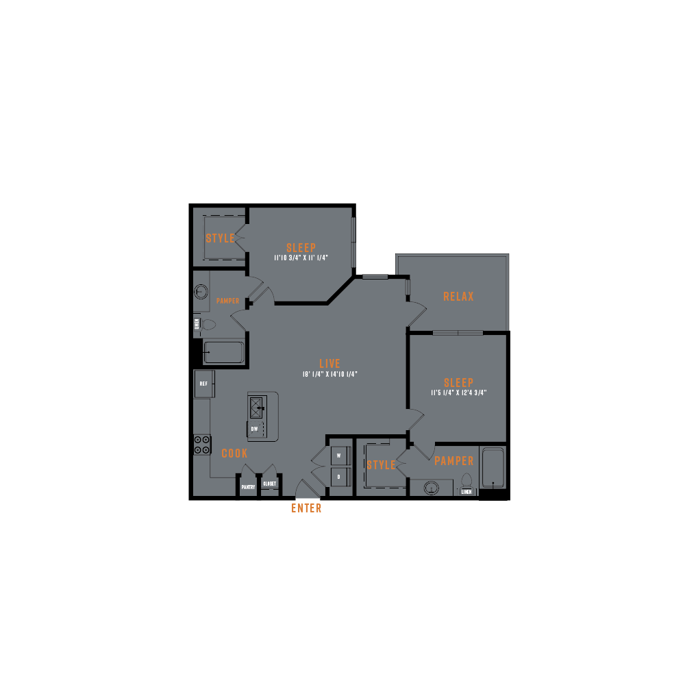 Floor plan for 2 beds, 2 baths, 1037 sqft
