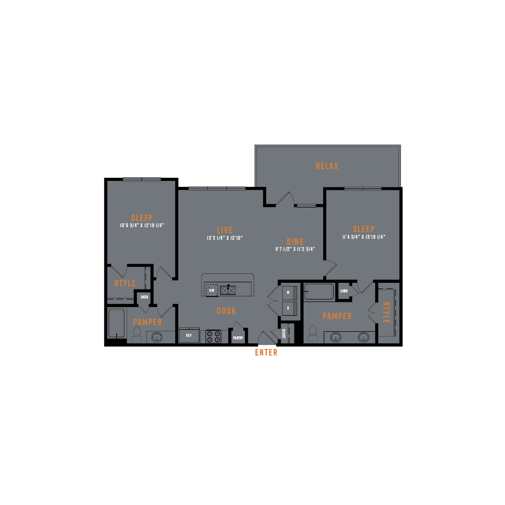 Floor plan for 2 beds, 2 baths, 1149 sqft
