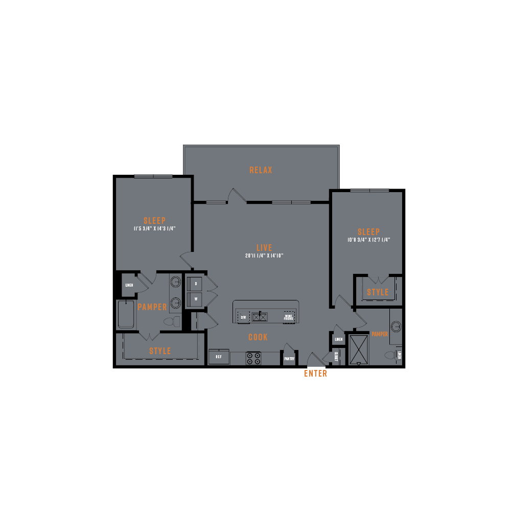 Floor plan for 2 beds, 2 baths, 1229 sqft