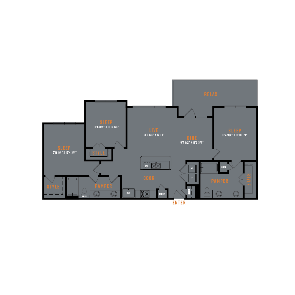 Floor plan for 3 beds, 2 baths, 1377 sqft