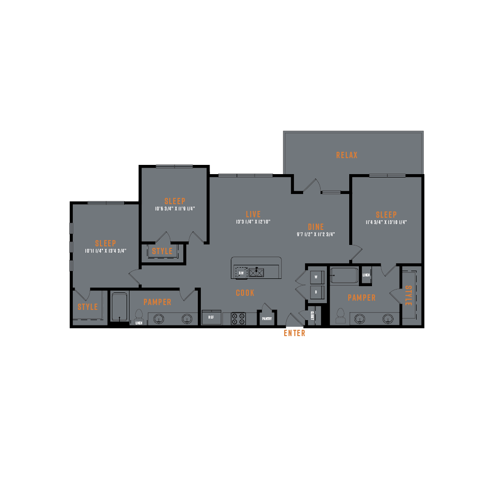 Floor plan for 3 beds, 2 baths, 1380 sqft