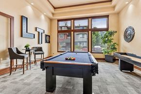 Olympia apartment for rent - A pool table is in the middle of a room with a window and a plant.