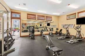 Olympia apartment for rent - A gym with a variety of equipment including treadmills, weights, and exercise machines.