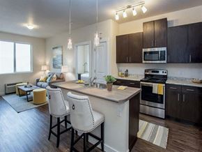 Great Falls apartment for rent - a kitchen and living room with an island and chairs