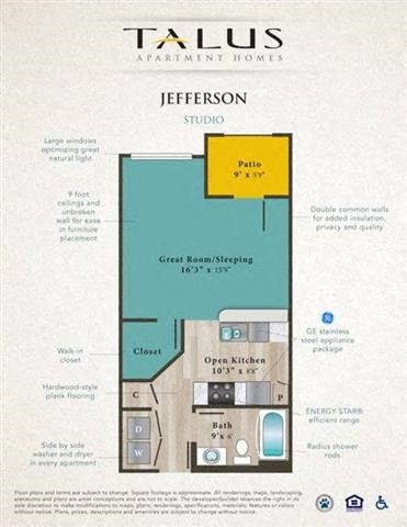 Floor plan for studio, 1 bath, 513 sqft