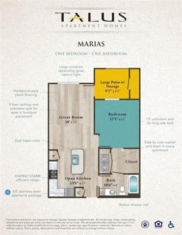 Floor plan for 1 bed, 1 bath, 748 sqft