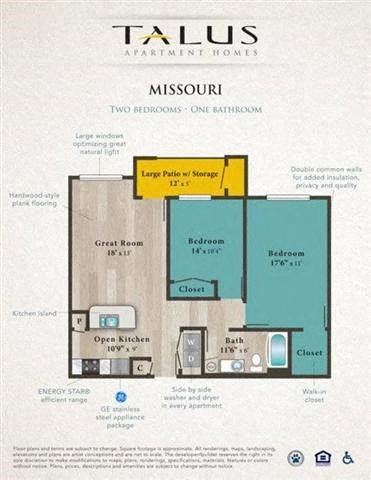 Floor plan for 2 beds, 1 bath, 942 sqft