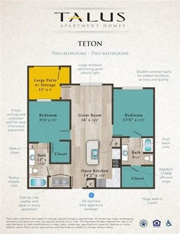 Floor plan for 2 beds, 2 baths, 1026 sqft