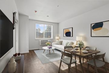 Fairview apartment for rent - A modern living room with a wooden dining table and chairs.