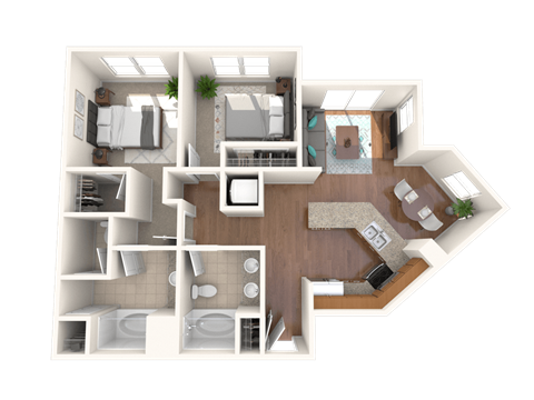 Floor plan for 2 beds, 2 baths, 1275 sqft