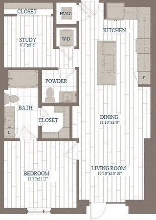 Floor plan for 1 bed, 1.5 baths, 897 sqft