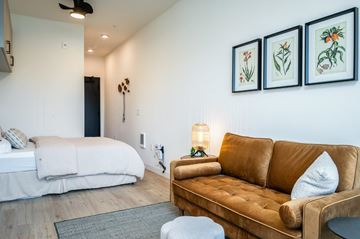 Portland apartment for rent - A brown couch sits in a living room with a white bed in the background.