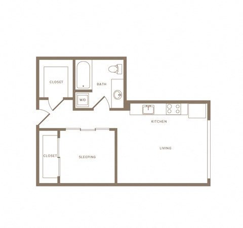 Floor plan for 1 bed, 1 bath, 624 sqft