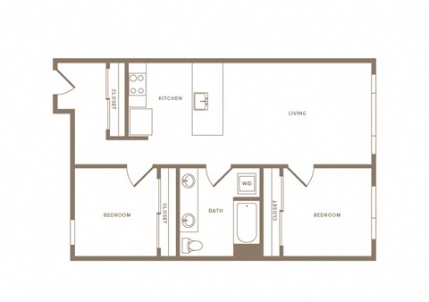 Floor plan for 2 beds, 1 bath, 812 sqft