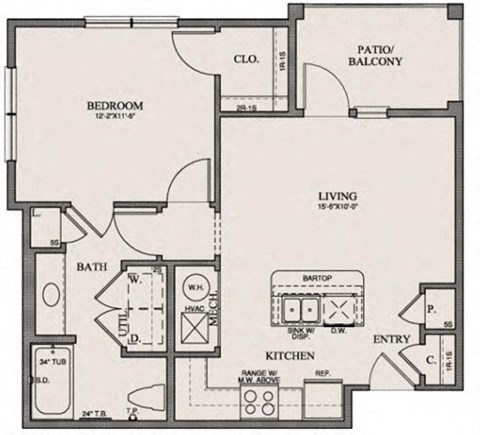 Floor plan for 1 bed, 1 bath, 704 sqft