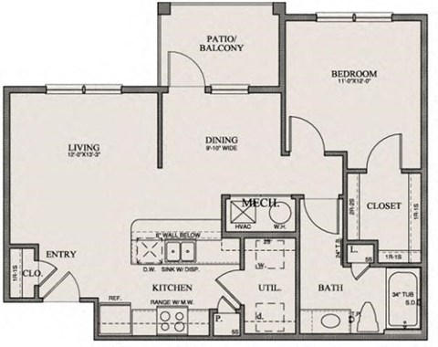 Floor plan for 1 bed, 1 bath, 756 sqft