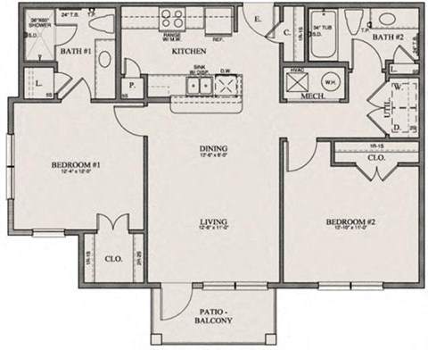 Floor plan for 2 beds, 2 baths, 1017 sqft