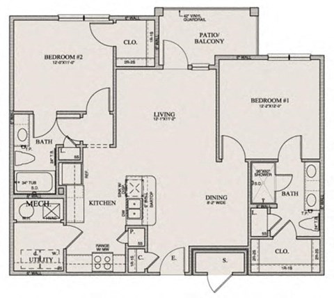 Floor plan for 2 beds, 2 baths, 1074 sqft