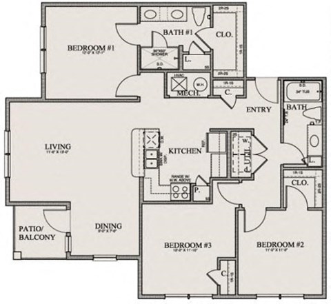 Floor plan for 3 beds, 2 baths, 1305 sqft