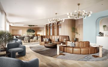 Long Beach apartment for rent - A modern living room with a large brown leather sofa and a chandelier.