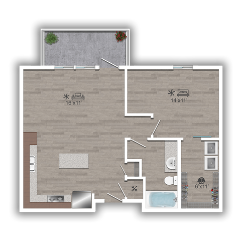 Floor plan for 1 bed, 1 bath, 698 sqft