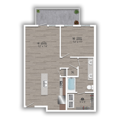 Floor plan for 1 bed, 1 bath, 715 sqft