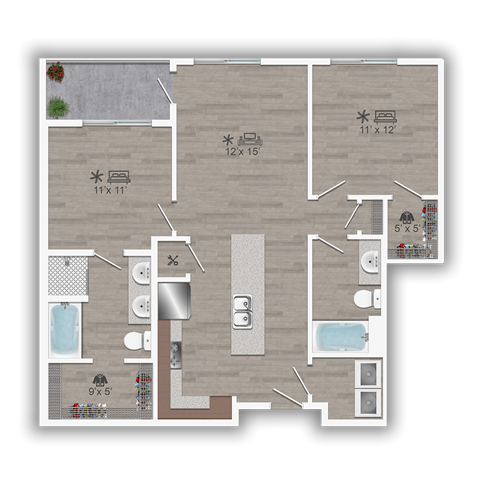 Floor plan for 2 beds, 2 baths, 998 sqft