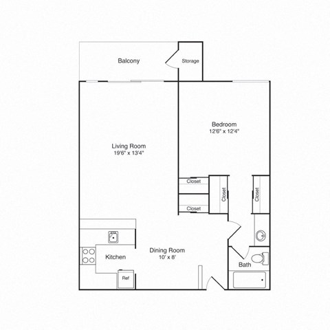 Floor plan for 1 bed, 1 bath, 772 sqft