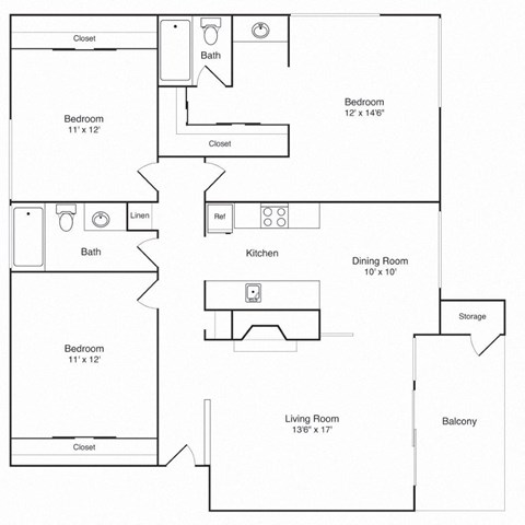 Floor plan for 3 beds, 2 baths, 1320 sqft