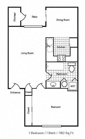 Floor plan for 1 bed, 1 bath, 790 sqft
