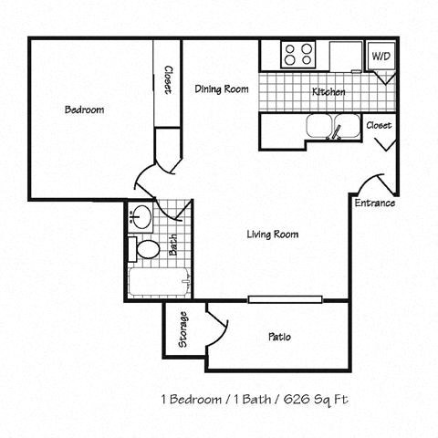 Floor plan for 1 bed, 1 bath, 626 sqft