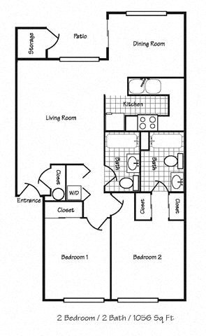 Floor plan for 2 beds, 2 baths, 1056 sqft