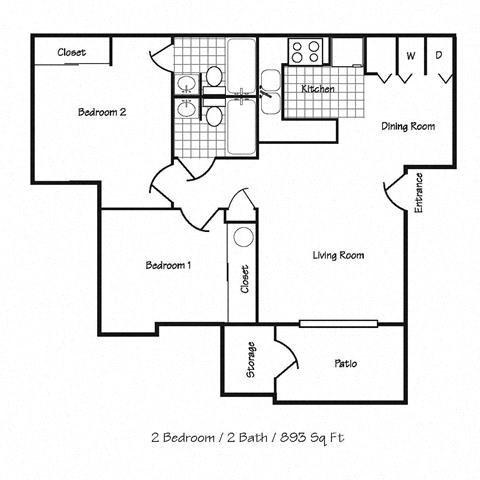 Floor plan for 2 beds, 2 baths, 893 sqft