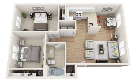 Floor plan for 2 beds, 1 bath, 846 sqft