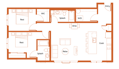 Floor plan for 2 beds, 2 baths, 1088 sqft