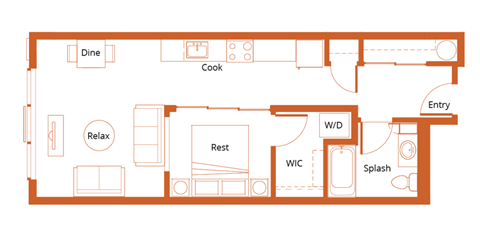 Floor plan for 1 bed, 1 bath, 607 sqft