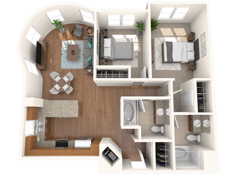 Floor plan for 2 beds, 2 baths, 1250 sqft