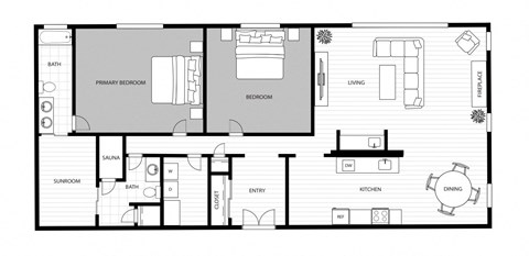 Floor plan for 2 beds, 2 baths, 1800 sqft