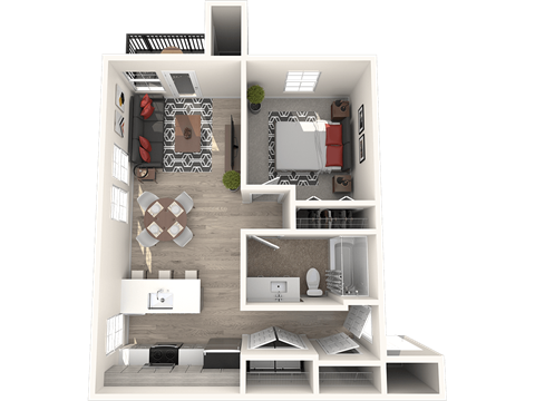 Floor plan for 1 bed, 1 bath, 696 sqft