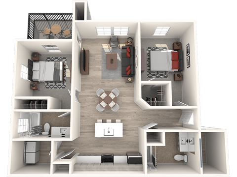 Floor plan for 2 beds, 2 baths, 1021 sqft